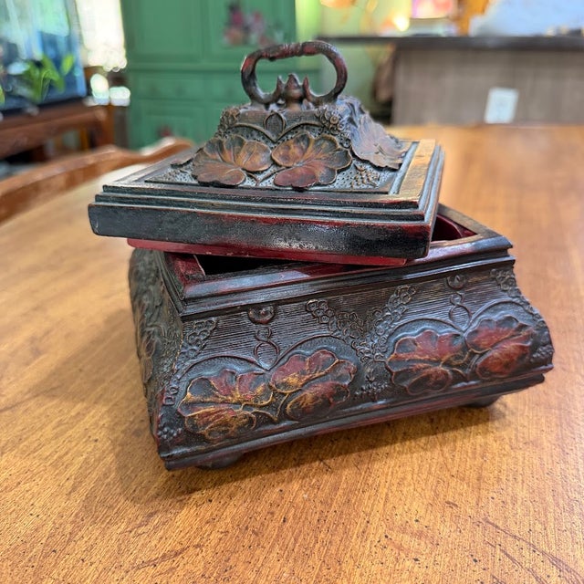 2000 - 2009 Vintage Style Carved Floral Jewelry Box Red Velvet Lined Footed Trinket Chest For Sale - Image 5 of 11