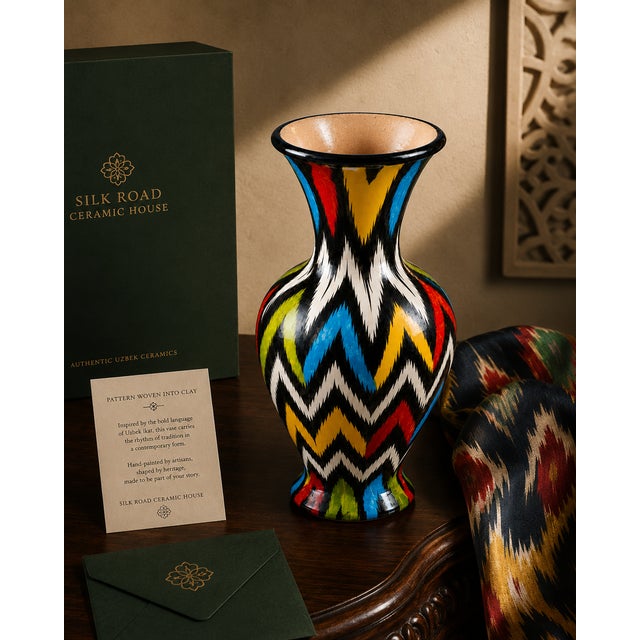 Traditional One-of-a-Kind Uzbek Ikat Ceramic Vase, Collector's Presentation For Sale - Image 3 of 4