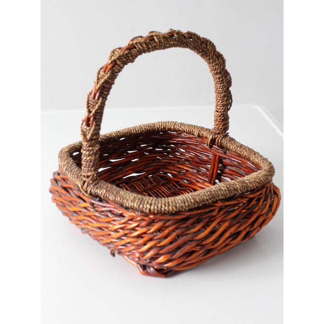 Vintage Woven Willow Basket With Wrapped Arched Handle For Sale - Image 10 of 14