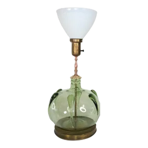 1940s Vintage Green Glass Globe Table Lamp With Brass & Copper Accents