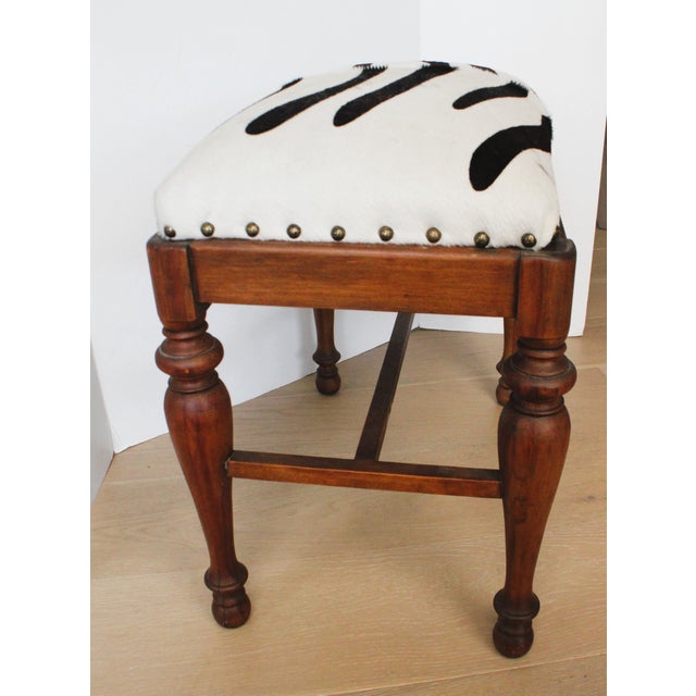 Rustic Petite Hand Turned Bench/ Genuine Hide Zebra Upholstery For Sale - Image 3 of 6