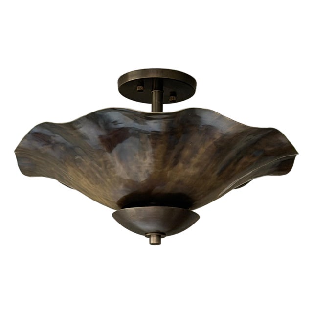 Art Deco Brass Semi Flush Mount Ceiling Light, Handmade Wavy Petal Design, 4 Bulbs For Sale