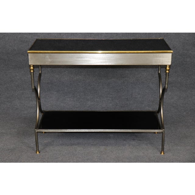 Hollywood Regency John Vesey Attributed Steel & Brass Two Teir Console W/ Black Glass For Sale - Image 3 of 13