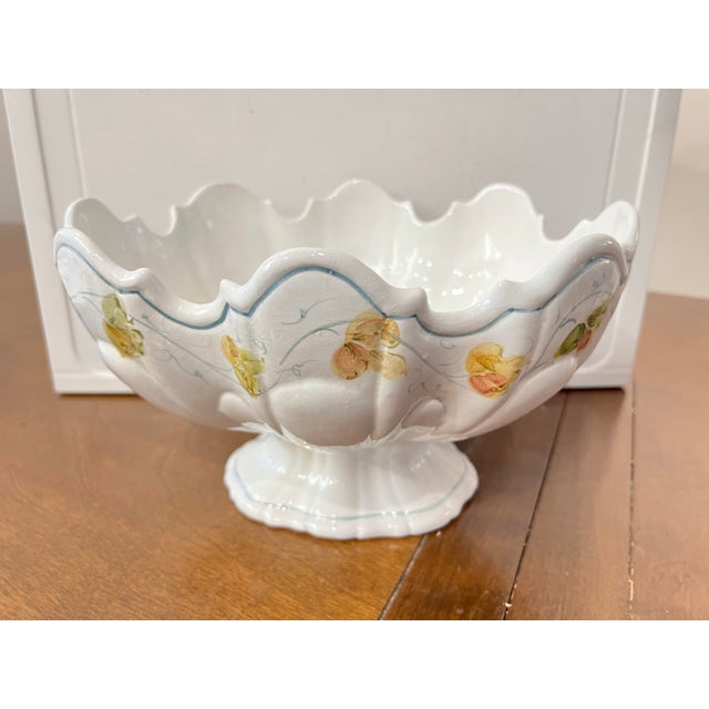 Vintage Beautiful delicate white ceramic footed bowl with hand painted fall leaves in yellow and green colors with...