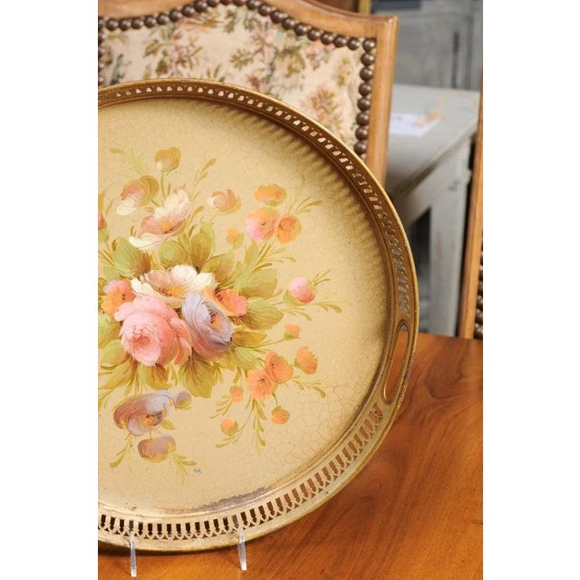Early 20th Century French Tôle Tray with Hand-Painted Bouquet of Roses and Pierced Gallery For Sale - Image 10 of 12