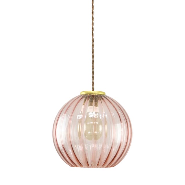 Mid-Century Italian Pink Glass and Brass Pendant Lamp For Sale