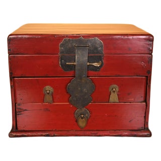 Antique Chinese Red Lacquered Wooden Chest For Sale