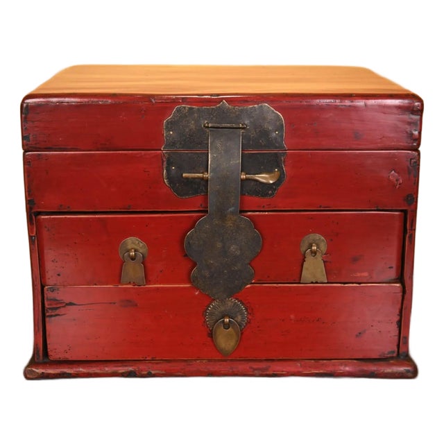Antique Chinese Red Lacquered Wooden Chest For Sale