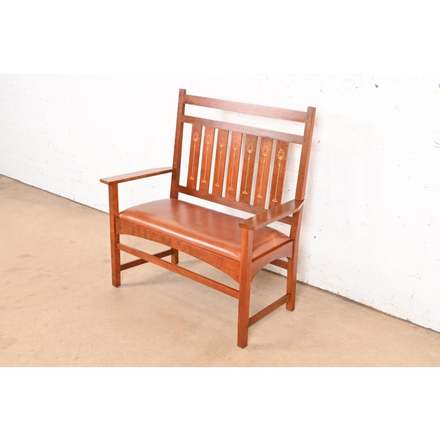 Mission Stickley Harvey Ellis Collection Inlaid Cherry Wood Bench or Settee For Sale - Image 3 of 14