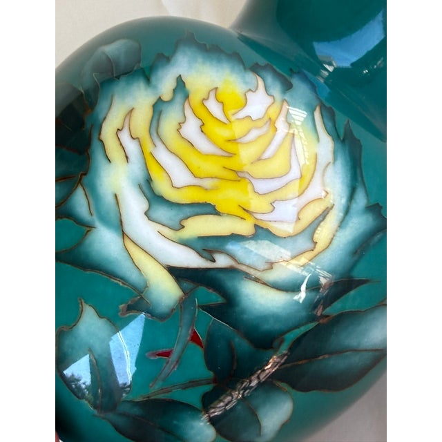 Teal Mid 20th Century Ando Cloissone Vase Teal & Yellow Chrysanthemum For Sale - Image 8 of 10