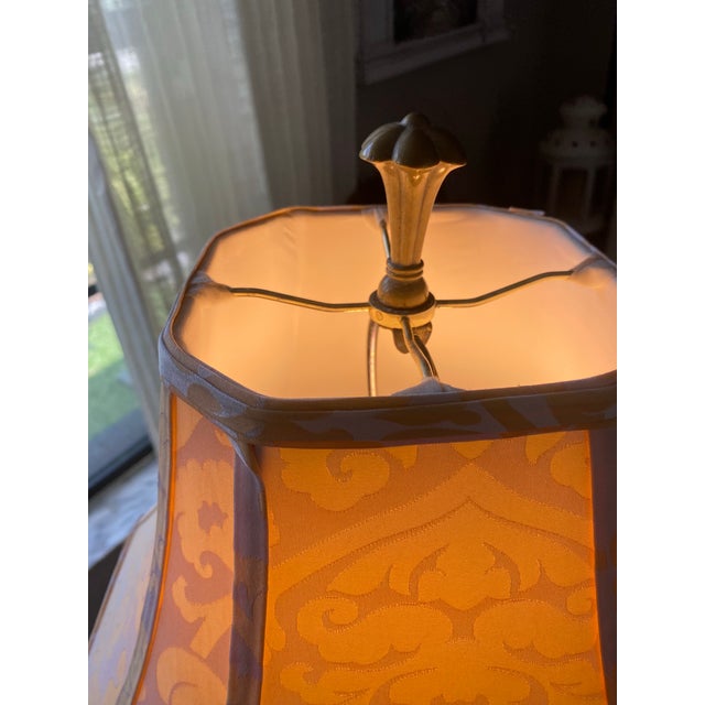 Vintage Table Lamp Gold Tone Traditional Hollywood Regency Decorative Table Lamp Vintage Lighting Floral Motif Damask Shade For Sale - Image 9 of 9