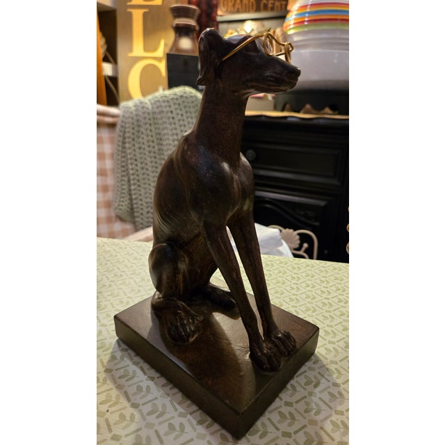 1980s 1980s Heavy Bronze Finish Greyhound Statue on a Base With Wire Glasses For Sale - Image 5 of 9