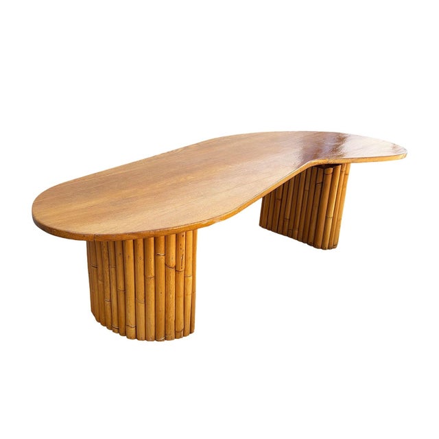 Wood 1950s Restored Rare Mid-Century Rattan and Mahogany Asymmetric "J" Coffee Table For Sale - Image 7 of 7