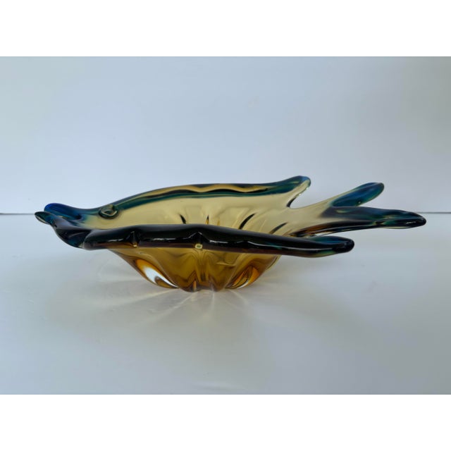 Amber Vintage Amber and Teal Blue Murano-Style Art Glass Fish Bowl For Sale - Image 8 of 11
