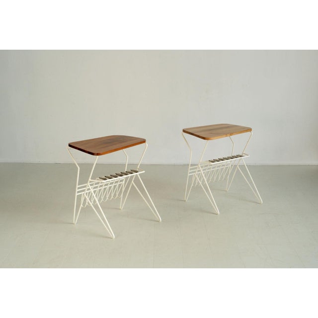 Side Tables in Elm and Lacquered Metal, France, 1950, Set of 2 For Sale - Image 6 of 12