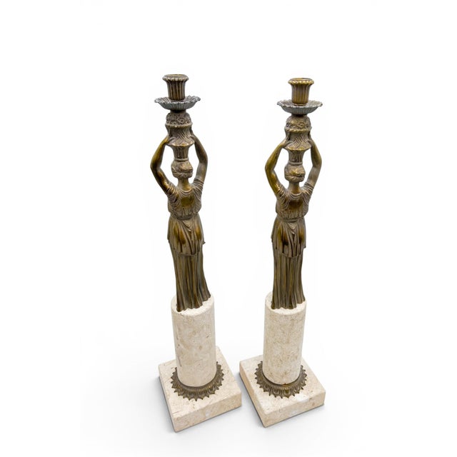 Metal Mid 20th Century Pair of 24-Inch Neoclassical Bronze Caryatid and Limestone Candlesticks For Sale - Image 7 of 12