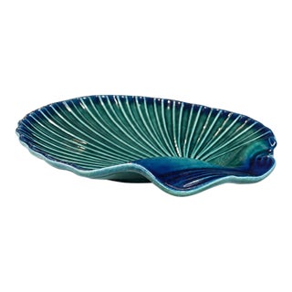 Vintage Portuguese Teal Ceramic Scallop Shell Serving Dish — Large 15" For Sale