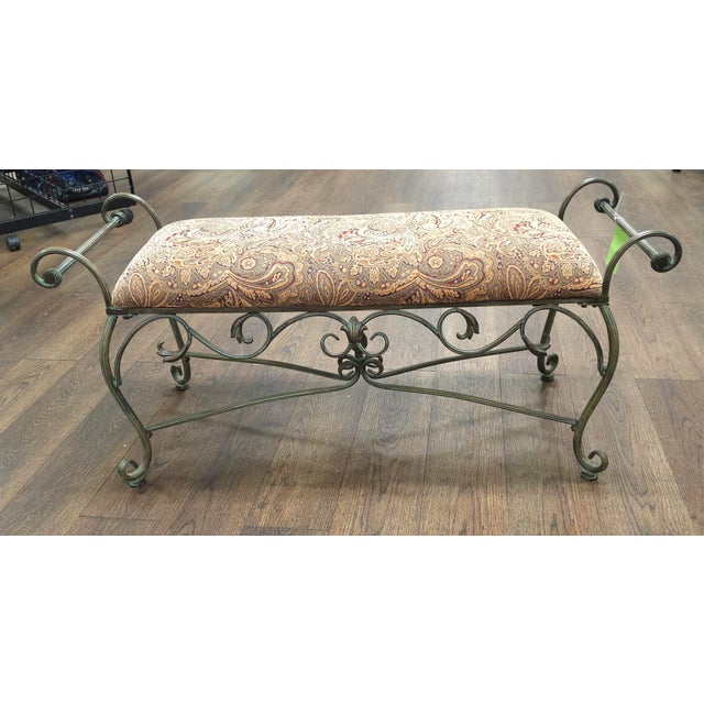 Late 20th Century French Country Patinated Copper-Finished Metal and Upholstered Hall Bench For Sale - Image 12 of 13