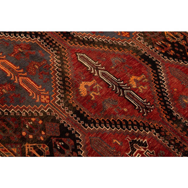 Vintage Shiraz Handmade Tribal Pattern Red Wool Rug For Sale - Image 9 of 10