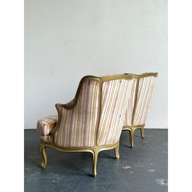 Vintage French Giltwood Striped Devore Bergère Chairs - A Pair For Sale - Image 9 of 18