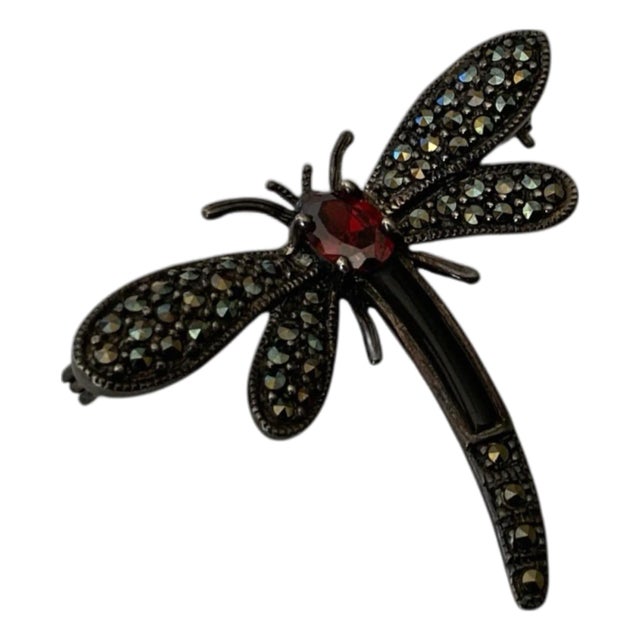 1970s Sterling Silver Garnet Marcasite Dragonfly Brooch Pin For Sale