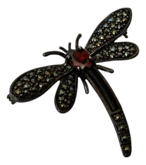 1970s Sterling Silver Garnet Marcasite Dragonfly Brooch Pin