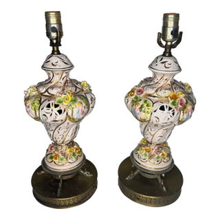 Italian Capodimonte Cherub and Floral Table Lamps- A Pair For Sale