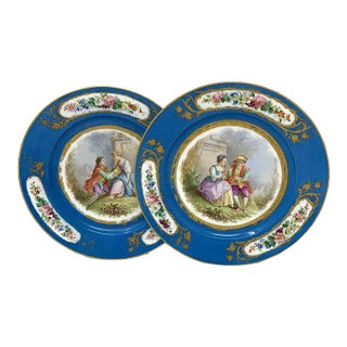 Antique Pair French Sevres Hand Painted Celeste Blue Circular Cabinet Plates Late 19thCt For Sale