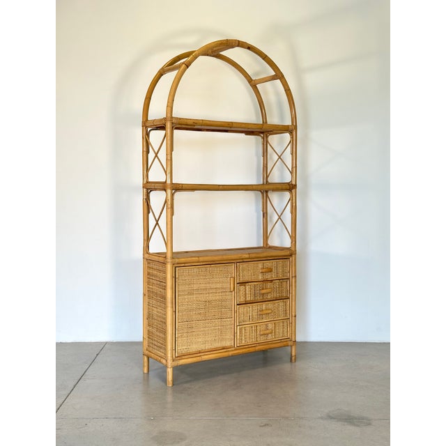 Wicker and bamboo bookcase from the 1970s.