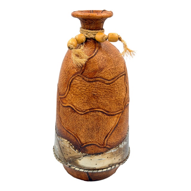 Folk-Art Mexican Hand-Tooled Leather and Tin Wrapped Bud Vase Southwestern Decor For Sale