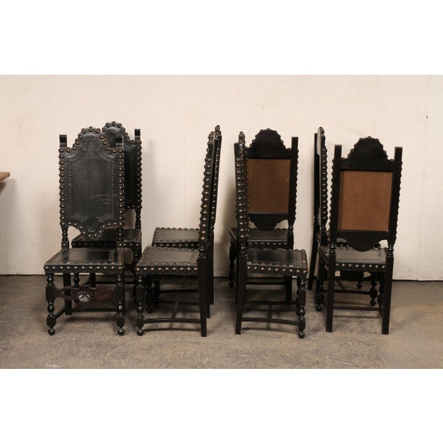 Baroque Mid 20th Century Set of 8 Spanish Leather & Carved Wood Chairs With Nailhead Trim For Sale - Image 3 of 12