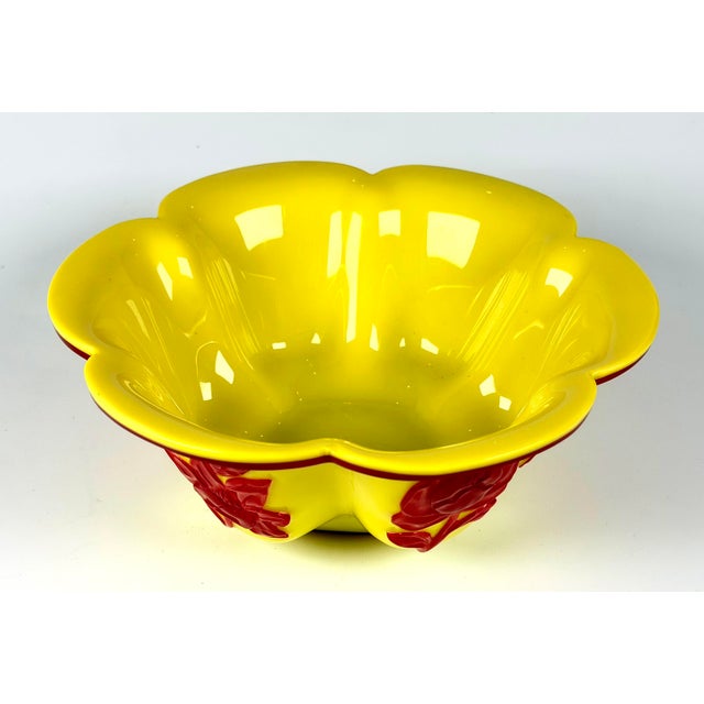 This is a beautiful Chinese Imperial Yellow Peking Glass lobed bowl with ruby red floral overlay, hand carved high relief...