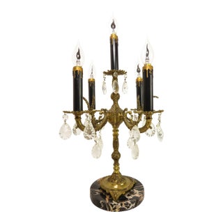 Hollywood Regency Spanish Brass 5 Arm Candelabra Table Lamp on Italian Marble For Sale