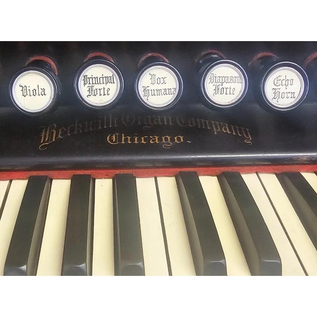 Wood Antique Victorian 1880s Oak Beckwith Pump Organ W/ Bowed Glass Cabinet Stick & Ball For Sale - Image 7 of 12