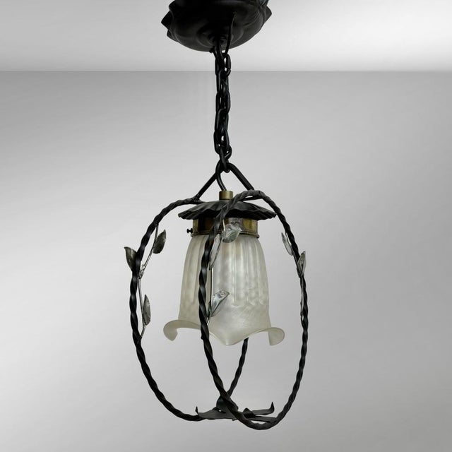 1940s Swedish Modern Wrought Iron Pendant Lamp with Organic Leaf Decor, 1940s For Sale - Image 5 of 11