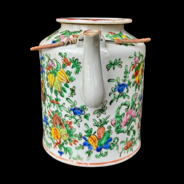 19th Century Antique Chinese Famille Rose Porcelain Teapot – Mid-Qing Dynasty, Hand-Painted Floral & Butterfly Motifs With Original Lid For Sale - Image 5 of 7