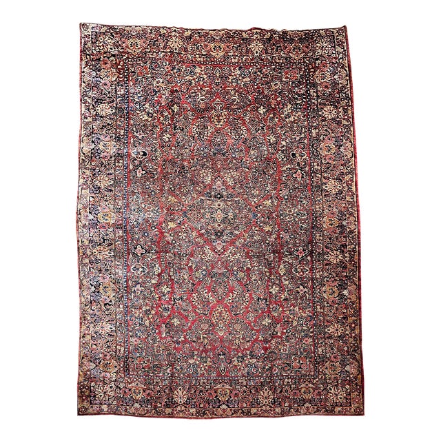Antique Oversized Persian Sarouk Area Rug, Hand-Knotted Wool, Allover Floral Pattern, 10x17, Red & Navy For Sale