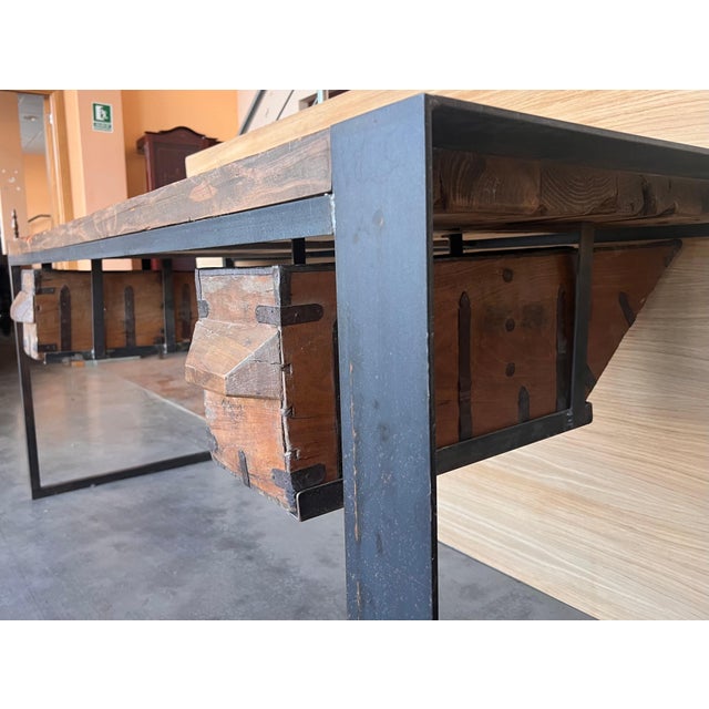 Brown Mid 20th Century Oak Kitchen Island, Butcher Block, Industrial Work Table Cast Iron For Sale - Image 8 of 18