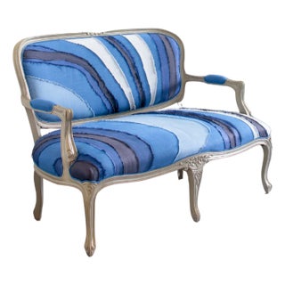 Authenticated Anthropologie Louisa Settee Vintage Blue Patchwork Upholstered Bench With Louis XV Frame For Sale