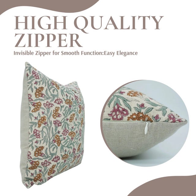 Art Deco Fabdivine Handcrafted Block Print Cushion Cover 16x16 Inch Pure Linen-Thorny Stems For Sale - Image 3 of 5