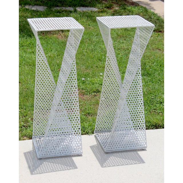 A striking pair of Vintage 1960s Mathieu Matégot Style Sculptural Perforated Metal Pedestals, these exceptional Mid-...
