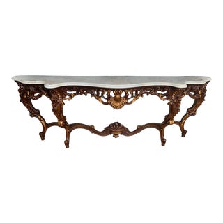 Spanish 20th Century Baroque Style Carved Walnut Ormolu and Marble Console Table For Sale