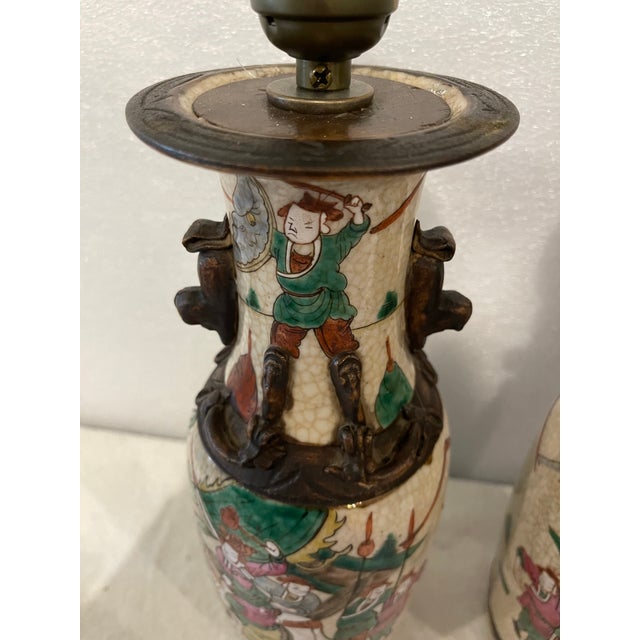 Pair of Antique Chinese Nanking Famille Verte Vases Mounted as Lamps For Sale - Image 4 of 7