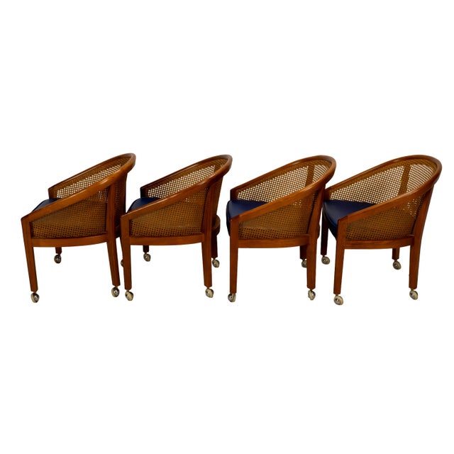 1970s Set of 4 Bent Oak & Cane Tub Chairs on Casters W/ Royal Blue Cushions in the Manner of Ward Bennett For Sale - Image 14 of 18