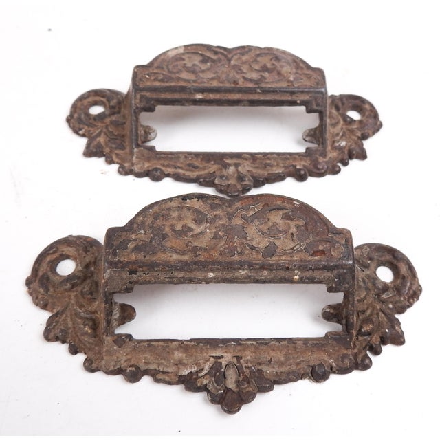 Rustic European Ornate Antique Iron Apothecary Draw Pulls - a Pair For Sale - Image 3 of 4