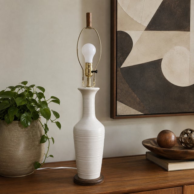 1970s Mid Century Modern White Ceramic Table Lamp, Wood Base 29" Rewired For Sale - Image 9 of 11