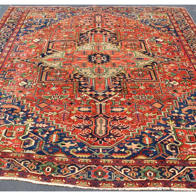 Textile Colorful Antique Persian Heriz-Serapi With Geometric Medallion Design 9'5" X 12'0" For Sale - Image 7 of 10