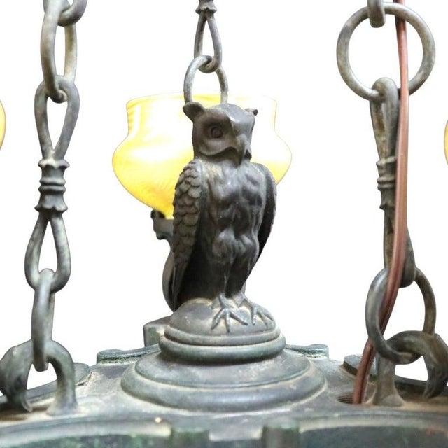 Bronze Aesthetic Movement Figural Bronze \Chandelier With Owl & Quezal Shades C1900 For Sale - Image 8 of 13