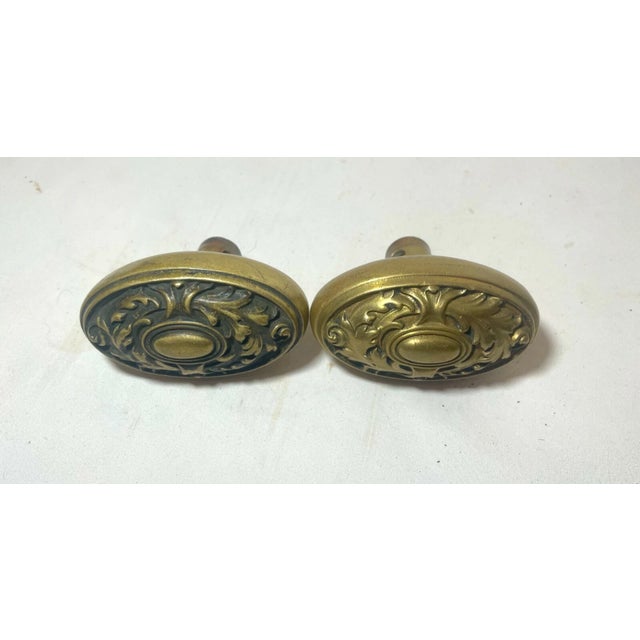 Victorian Pair of Antique 1800's Ornate Solid Brass Bronze Door Handle Oval Knob Hardware For Sale - Image 3 of 8
