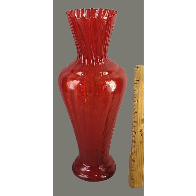 Glass Vintage Mid-Century Modern Italian Red Opaline Ruffled Top Art Glass Vase For Sale - Image 7 of 10